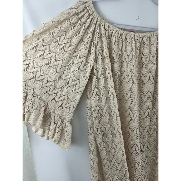 Emma Rose Medium Boho Lace Tan Brown Ruflle Bell Sleeve Top Pullover - Picture 3 of 9